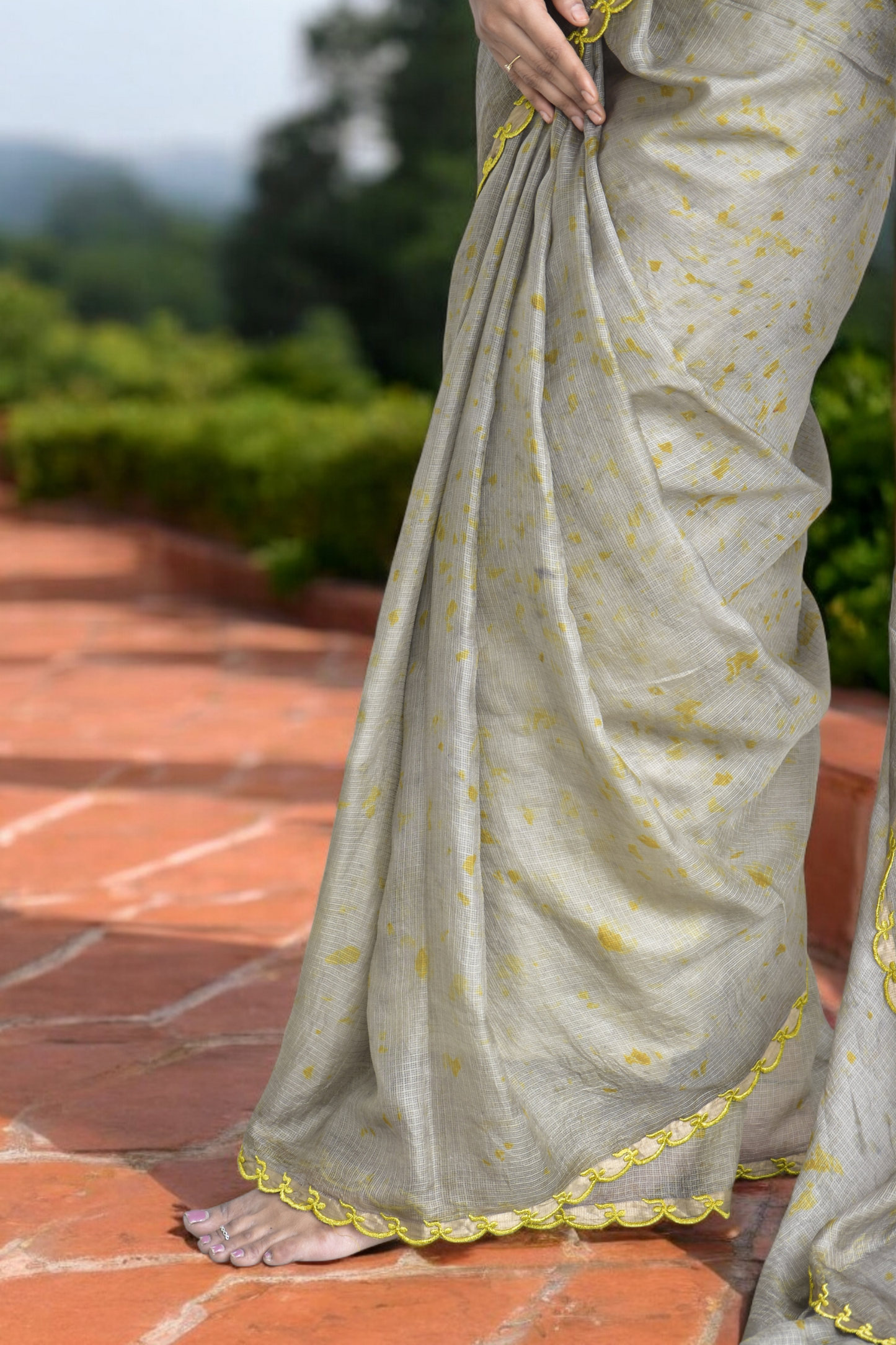 Ash olive - Eco-printed & naturally dyed pure kota silk saree