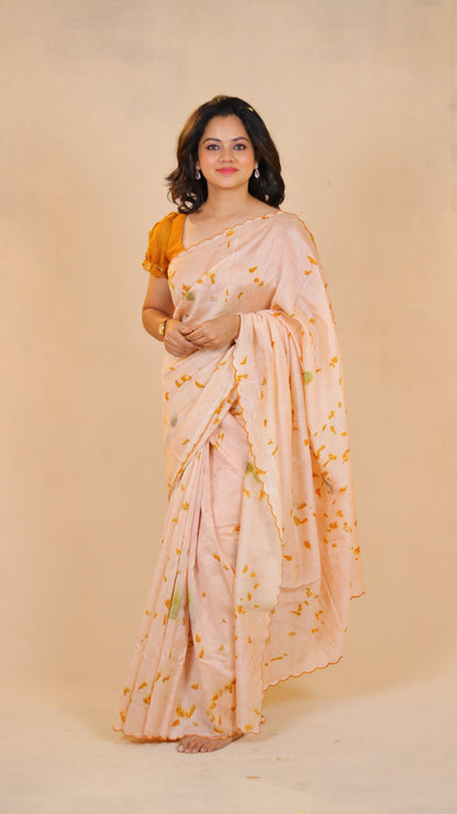Peach Blossom Naturally Dyed & Eco-Printed Pure Chanderi Silk Saree