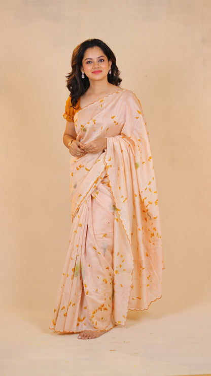Peach Blossom Naturally Dyed & Eco-Printed Pure Chanderi Silk Saree