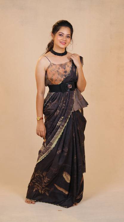 Where Night Blooms - Eco-printed Habutai Silk Saree