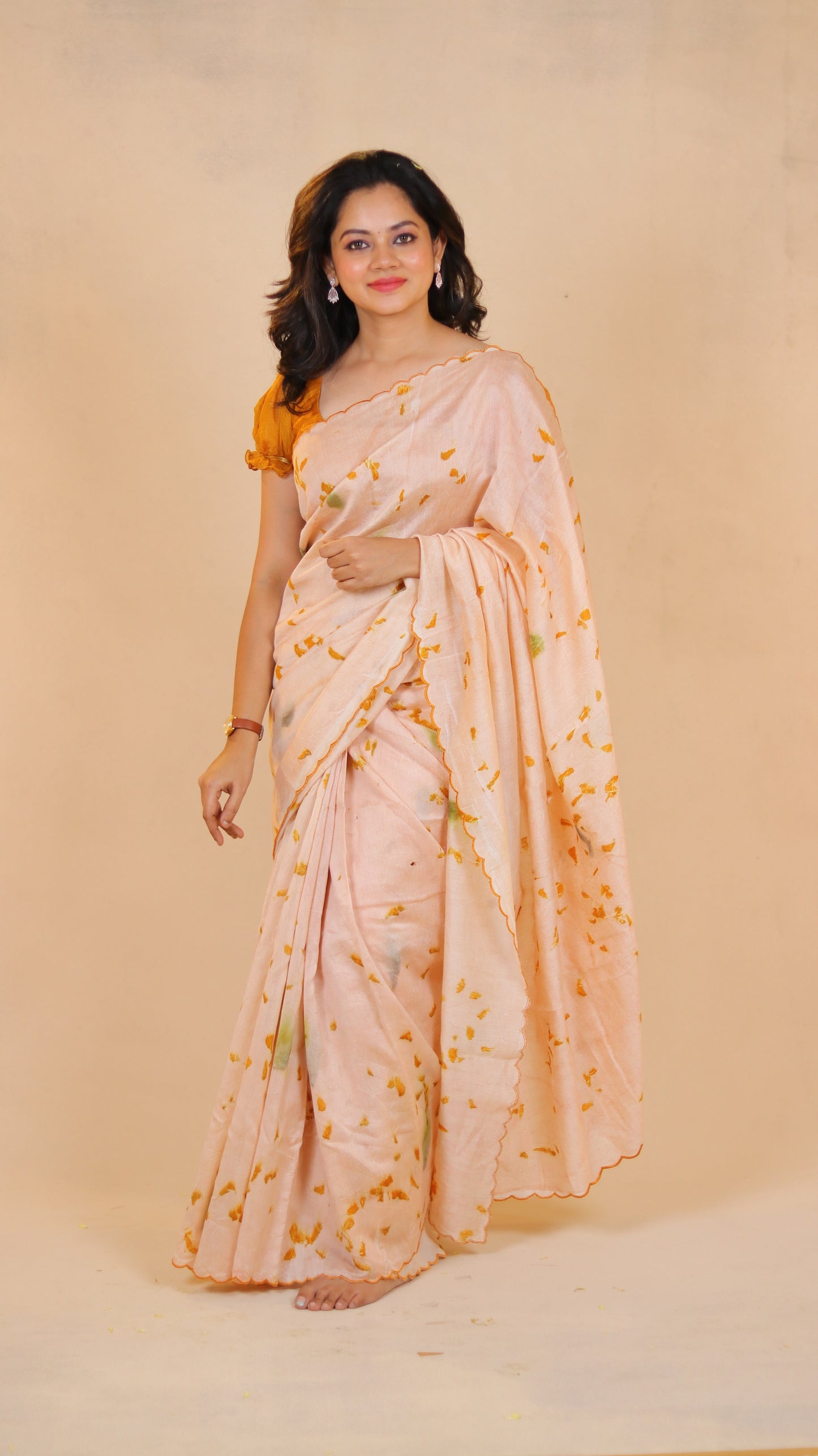 Peach Blossom Naturally Dyed & Eco-Printed Pure Chanderi Silk Saree