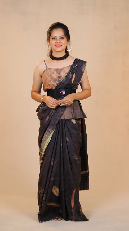 Where Night Blooms - Eco-printed Habutai Silk Saree