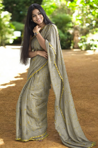 Ash olive - Eco-printed & naturally dyed pure kota silk saree