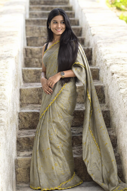 Ash olive - Eco-printed & naturally dyed pure kota silk saree