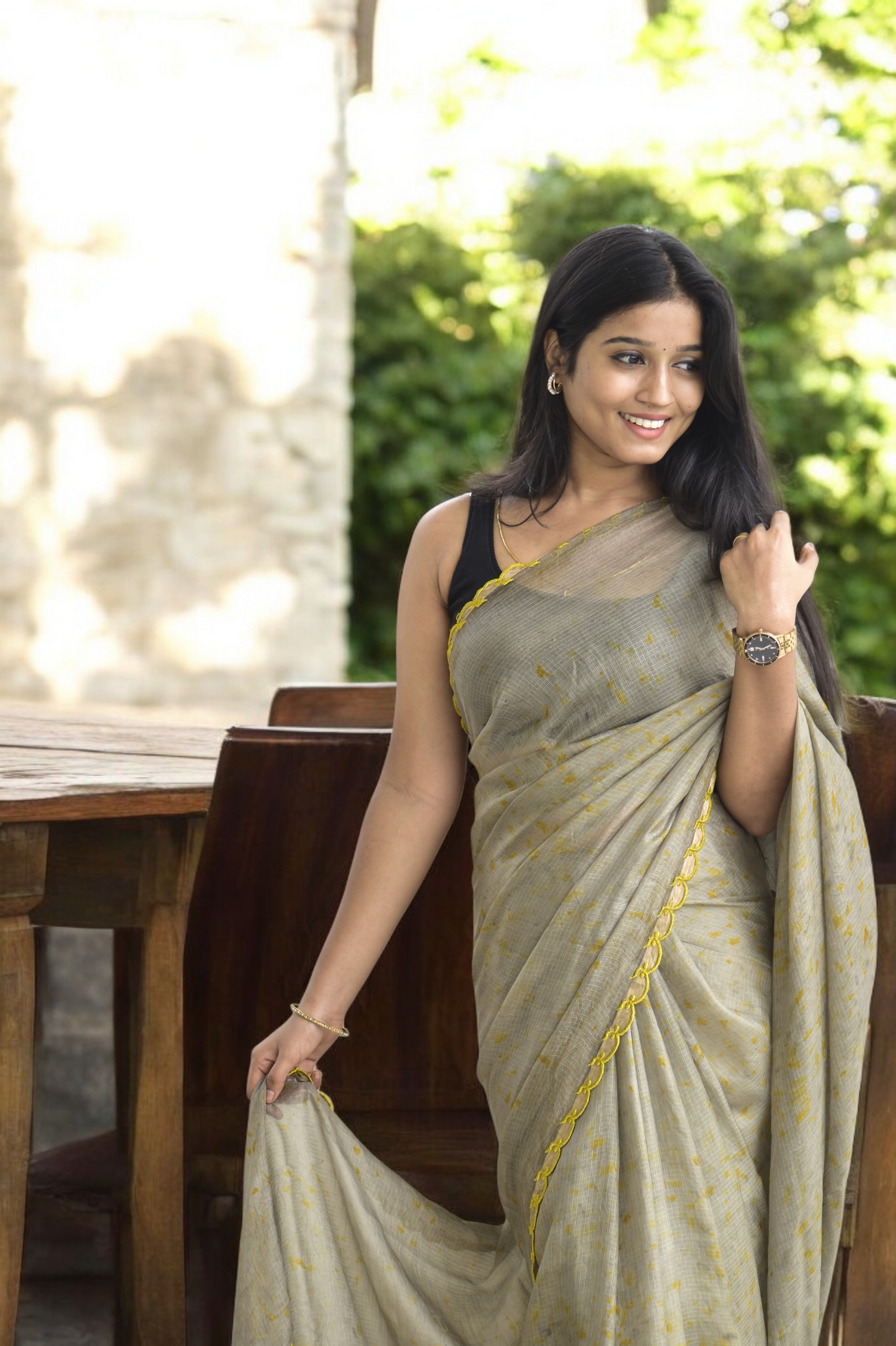 Ash olive - Eco-printed & naturally dyed pure kota silk saree