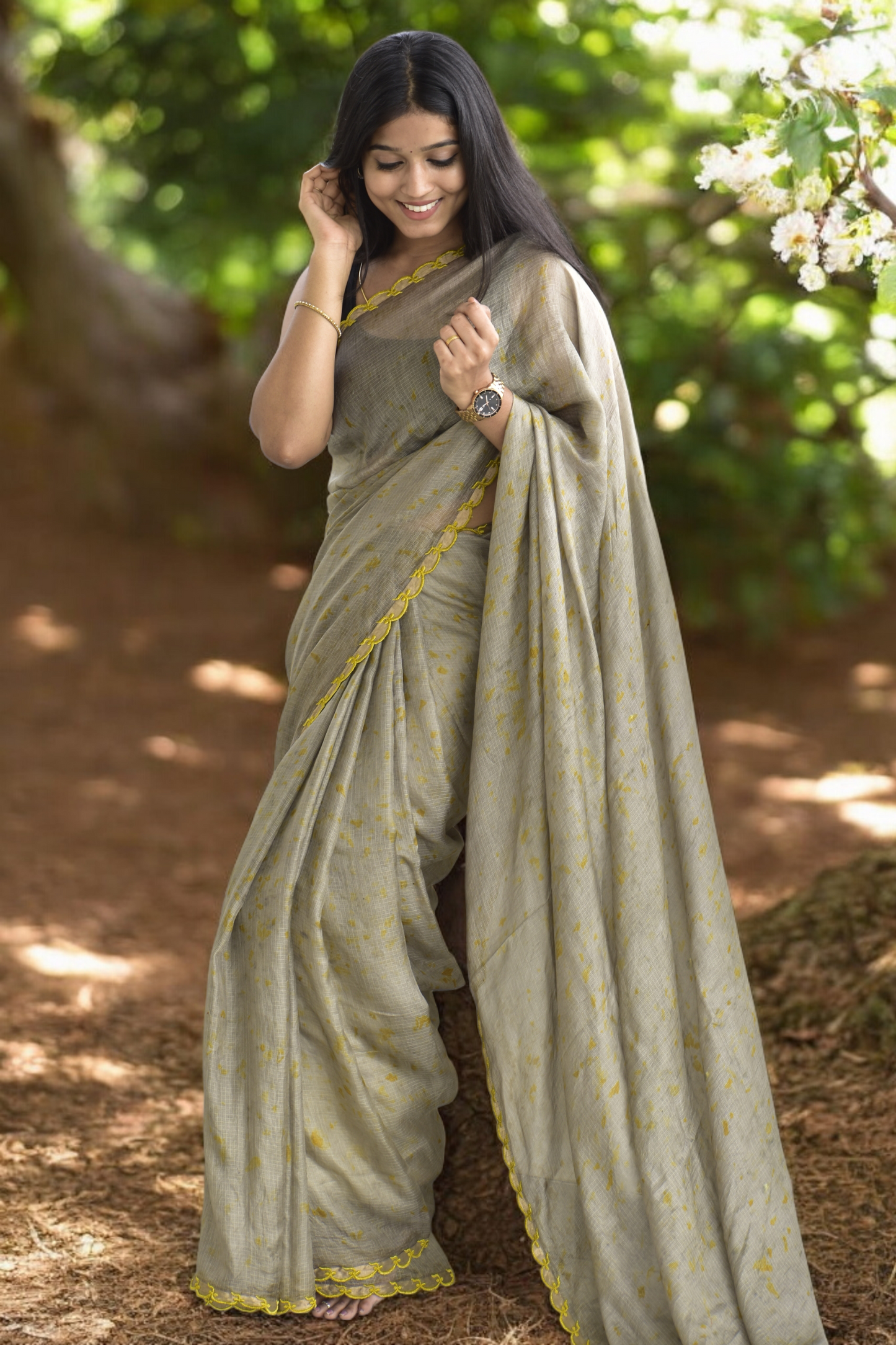 Ash olive - Eco-printed & naturally dyed pure kota silk saree