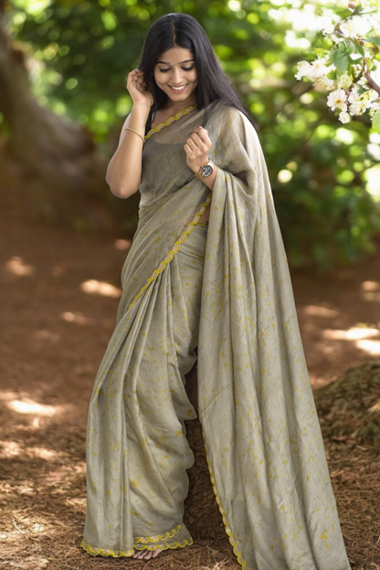 Ash olive - Eco-printed & naturally dyed pure kota silk saree