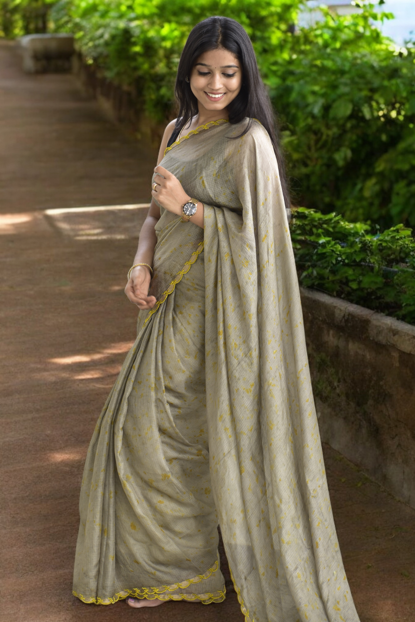Ash olive - Eco-printed & naturally dyed pure kota silk saree