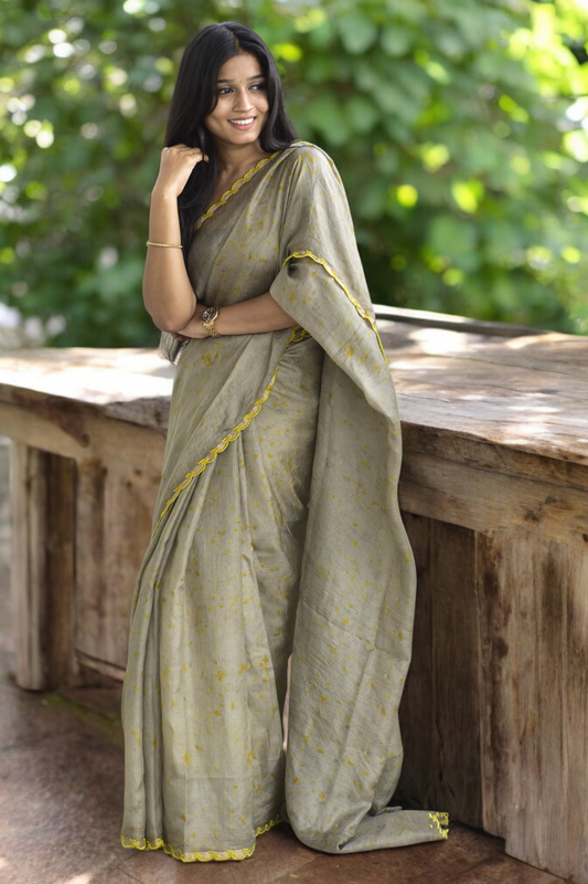 Ash olive - Ecoprinted  kota silk saree