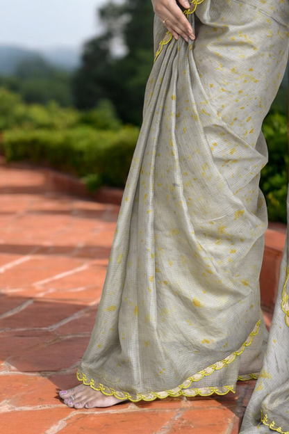 Ash olive - Eco-printed & naturally dyed pure kota silk saree