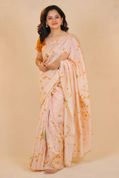 Peach Blossom Naturally Dyed & Eco-Printed Pure Chanderi Silk Saree