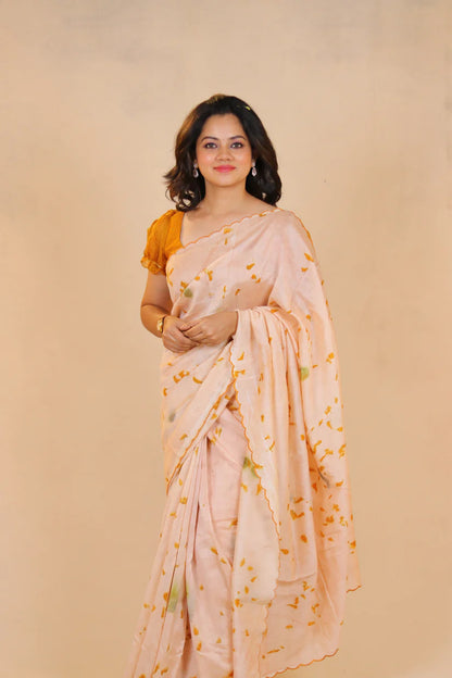 Peach Blossom Naturally Dyed & Eco-Printed Pure Chanderi Silk Saree